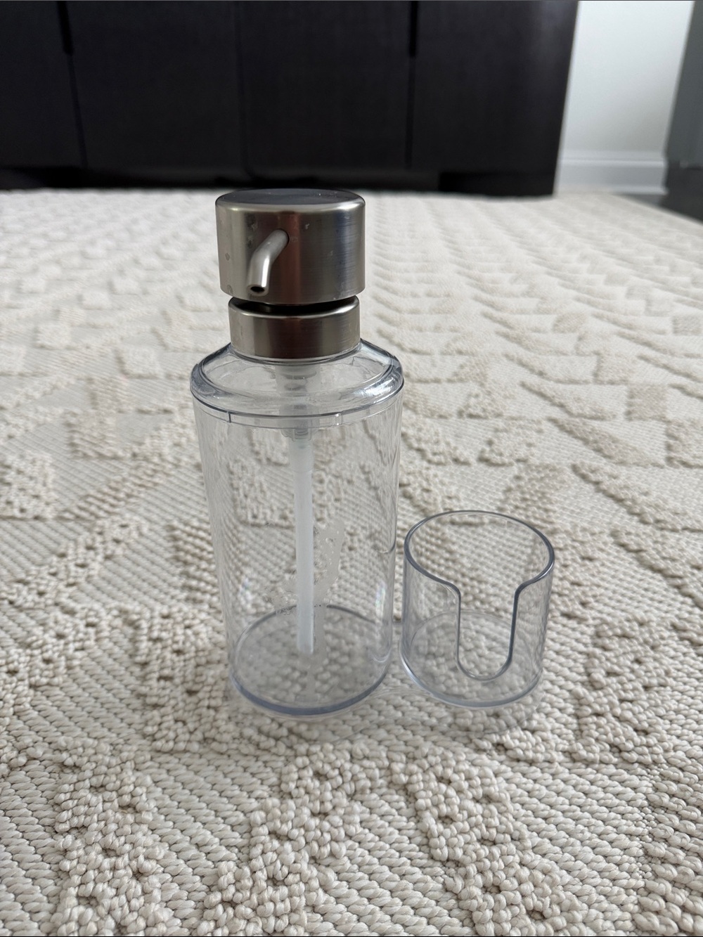 Clear Plastic Mouthwadh Dispenser with Stainless Pump and spot for dixie cups